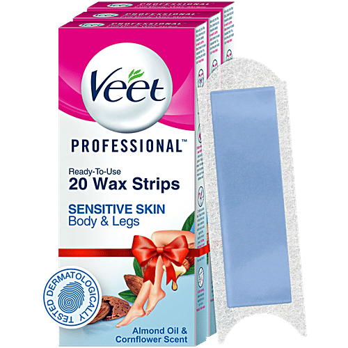 Veet Professional Waxing Strips Kit for Sensitive Skin, 20 Strips Pack of 3 Gel Wax Hair Removal for Women Up to 28 Days of Smoothness No Wax Heater or Wax Beans Required, 20 pc Pack of 3 