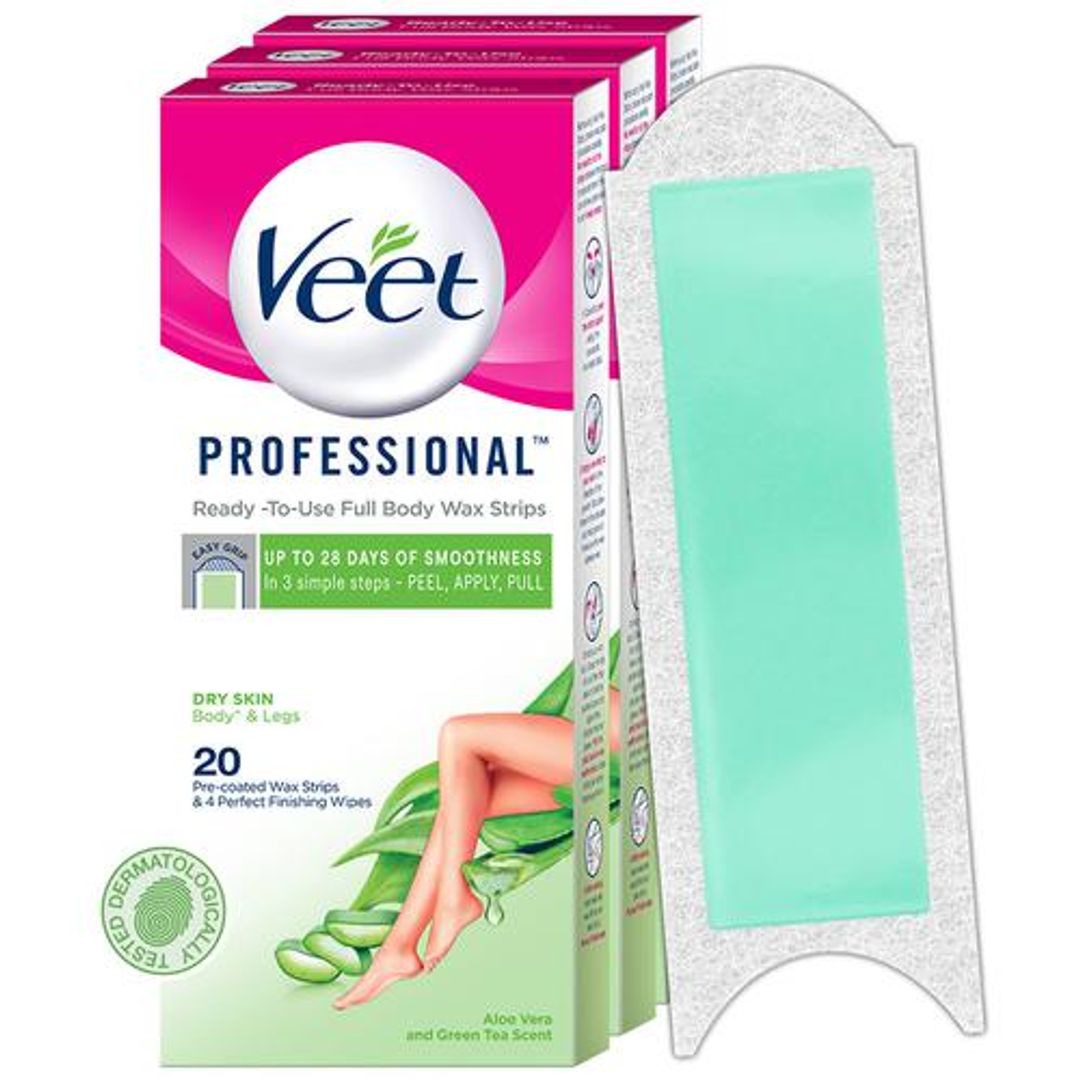 Veet Professional Waxing Strips Kit for Dry Skin, 20 Strips Pack of 3 Gel Wax Hair Removal for Women Up to 28 Days of Smoothness No Wax Heater or Wax Beans Required, 20 pc Pack of 3