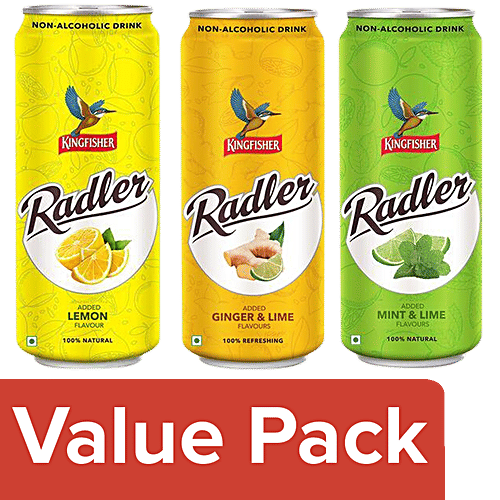 Kingfisher Radler Non Alcoholic Malt Drink Lemon + Ginger & Lime + Mint & Lime (300ml Each), Combo 3 Items 