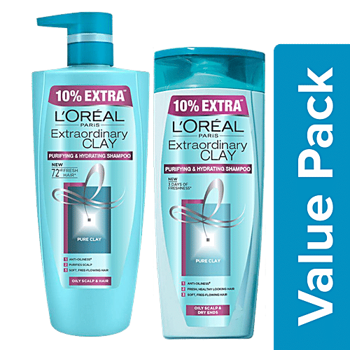 Loreal Paris Extraordinary Clay - Purifying & Hydrating Shampoo 640 ml + 360 ml, Combo 2 Items 