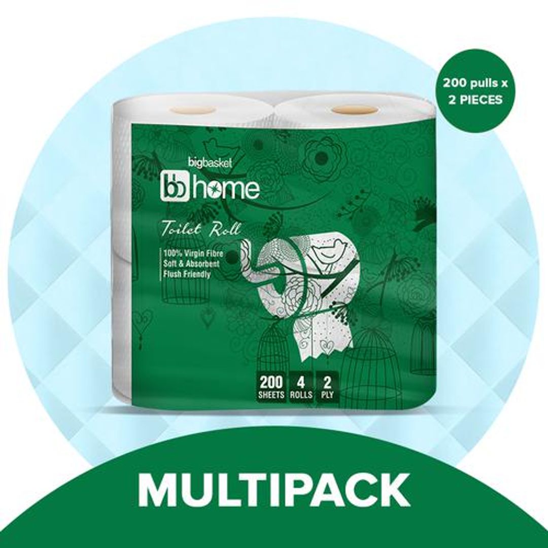 BB Home Toilet Roll - 2 Ply, 100% Virgin Pulp Paper, Pack Of 4, 2x200 pulls (Multipack)