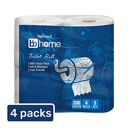 bb home Toilet Roll - 3 Ply, 100% Virgin Pulp Paper, Pack of 4, 2x200 pulls (Multipack)