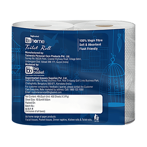 bb home Toilet Roll - 3 Ply, 100% Virgin Pulp Paper, Pack of 4, 2x400 Pulls (Multipack)