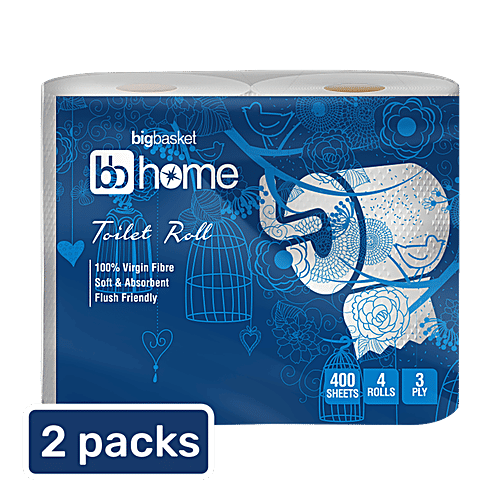 bb home Toilet Roll - 3 Ply, 100% Virgin Pulp Paper, Pack of 4, 2x400 Pulls (Multipack)