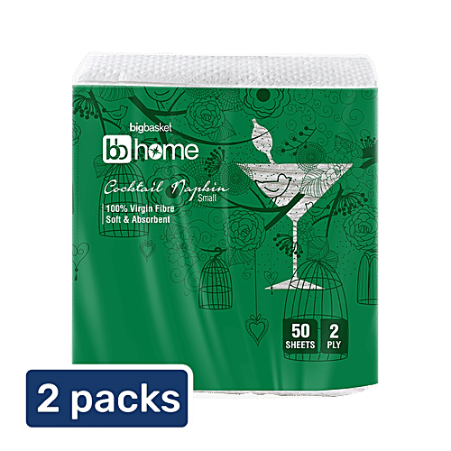 bb home Cocktail Napkin - 2 Ply, Small, 2x50 Pulls (Multipack) 100% Virgin Fibre, Soft & Absorbent