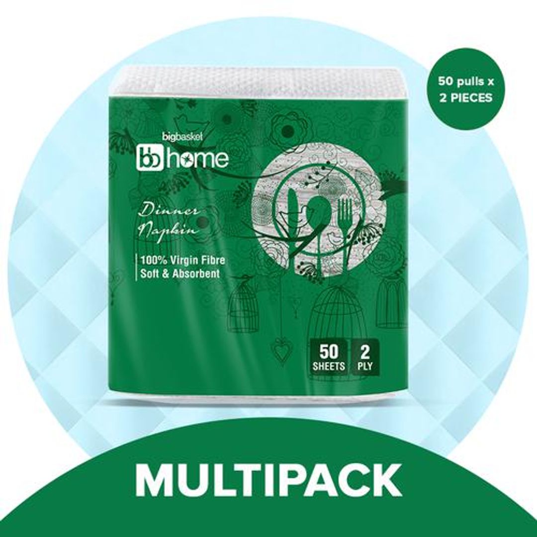 BB Home Napkin - Large, 2 Ply, 33x33 cm, 100% Virgin Pulp Paper, 2x50 pulls (Multipack)