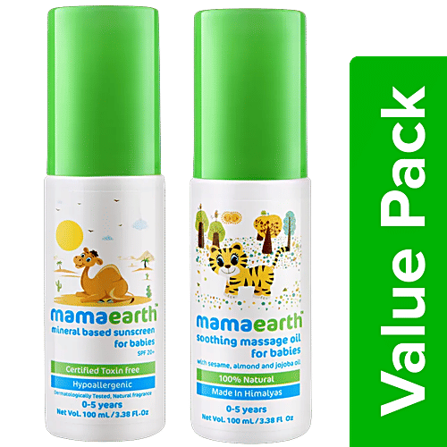 Mamaearth Baby Oil - Soothing Massage + Baby Lotion - Sunscreen, 0-5 years (100 ml each), Combo 2 Pcs 