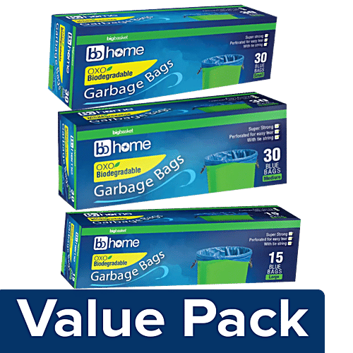 bb home Garbage Bags Oxo-Biodegradable - 17x19 Small 30Pcs, Medium 30Pcs, Large 15Pcs, Blue, Combo 3 Items 