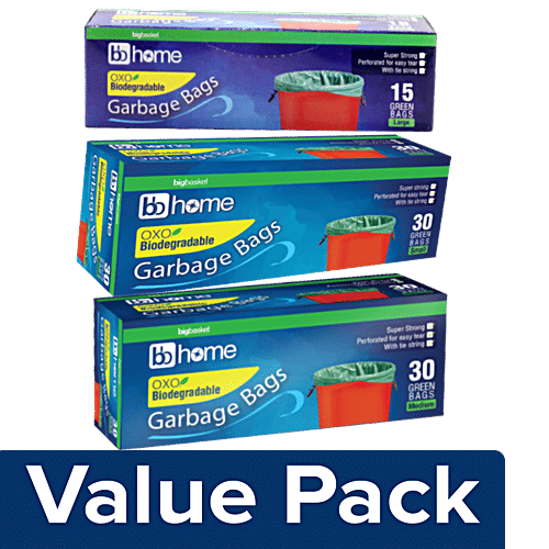 bb home Garbage Bags Oxo-Biodegradable - 17x19 Small 30Pcs, Medium 30Pcs, Large 15Pcs, Green, Combo 3 Items 