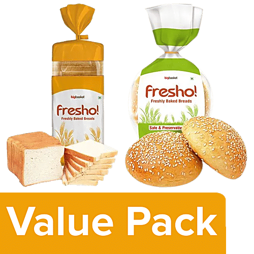 Fresho White Sandwich Bread Safe Preservative Free 400g + Burger Buns 150 g (Pack of 2), Combo 2 Pcs 