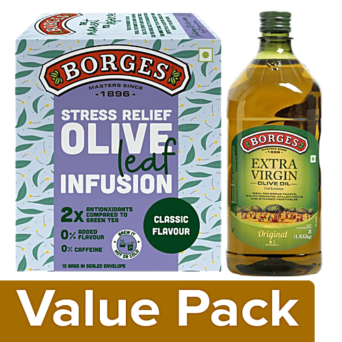 BORGES Extra Virgin Olive Oil 2L + Olive Leaf Infusion - Classic 15 g, Combo 2 Items 
