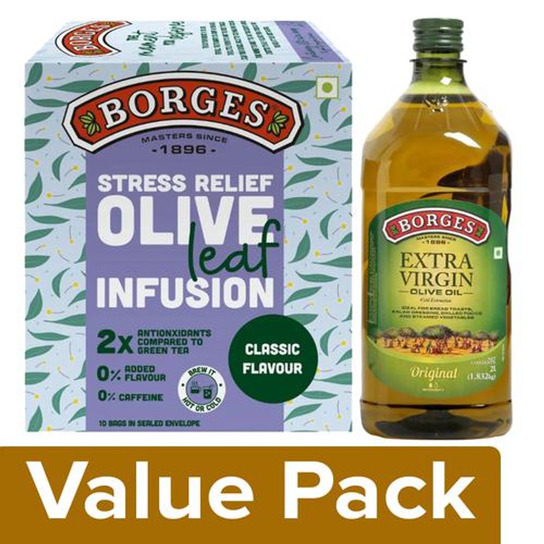 BORGES Extra Virgin Olive Oil 2L + Olive Leaf Infusion - Classic 15 g, Combo 2 Items