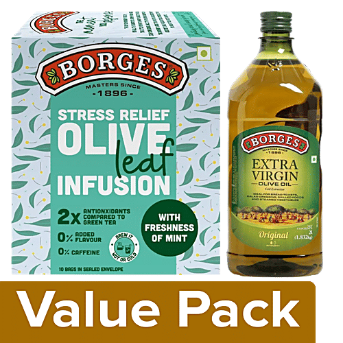 Borges Extra Virgin Olive Oil 2L + Olive Leaf Infusion - Olive & Mint Leaves 15 g, Combo 2 Items 