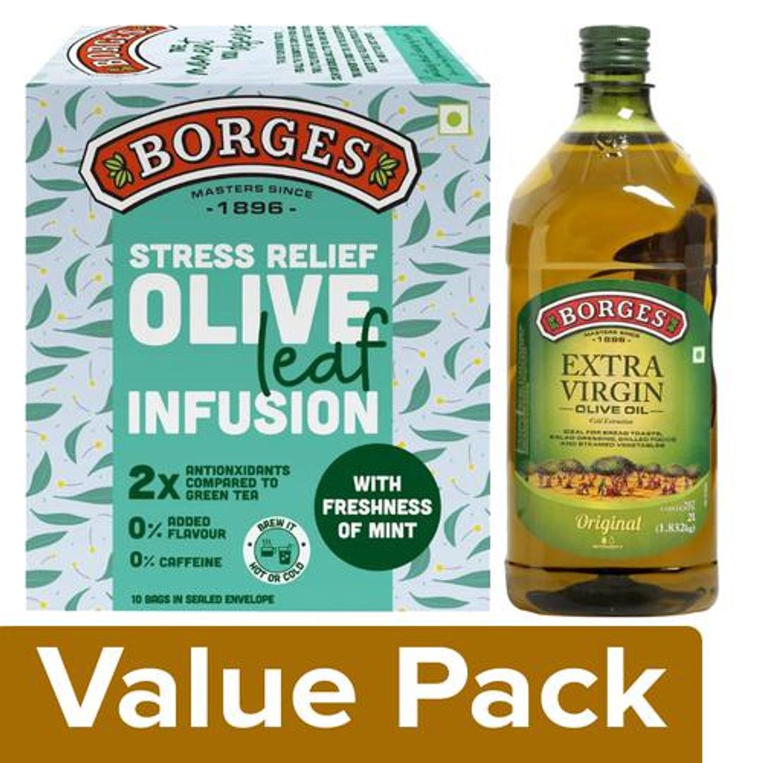 BORGES Extra Virgin Olive Oil 2L + Olive Leaf Infusion - Olive & Mint Leaves 15 g, Combo 2 Items