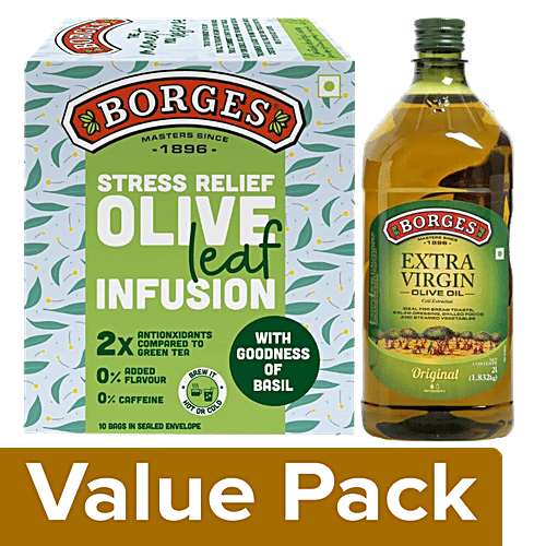 BORGES Extra Virgin Olive Oil 2L + Olive Leaf Infusion - Olive & Basil Leaves 15 g, Combo 2 Items 