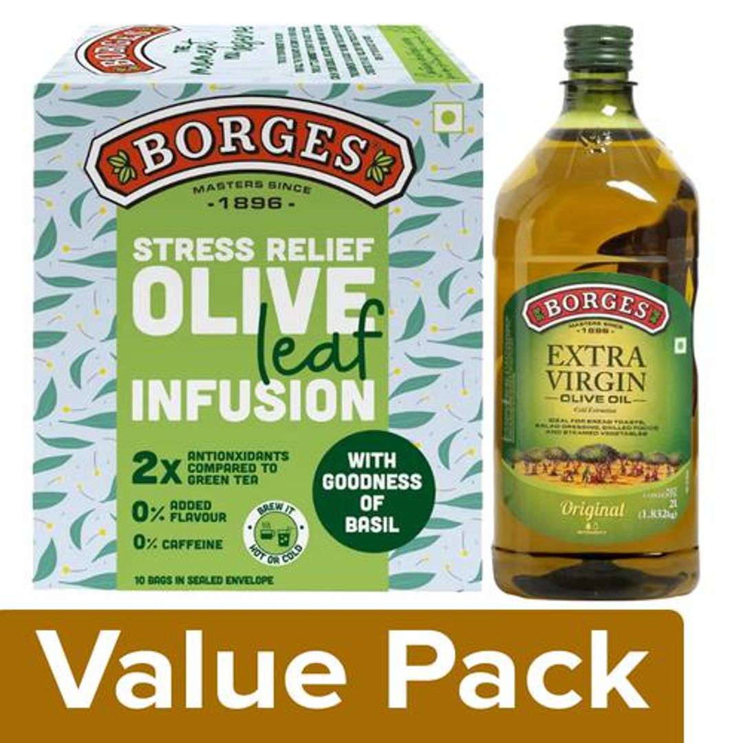 BORGES Extra Virgin Olive Oil 2L + Olive Leaf Infusion - Olive & Basil Leaves 15 g, Combo 2 Items