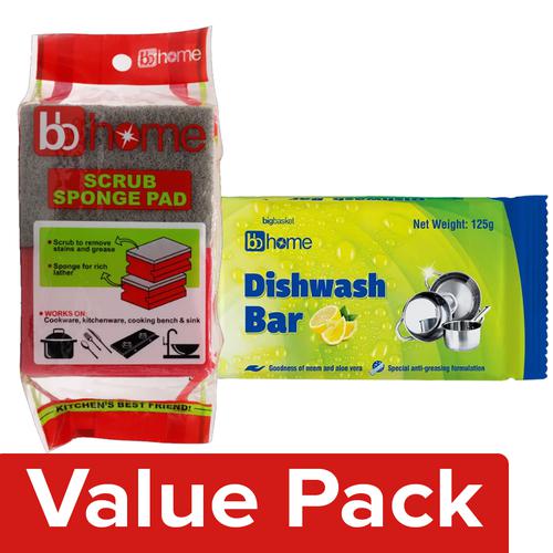 BB Home Dishwash Bar-Lemon 125 g Poly pack + Scrub Sponge Pad 2 pcs, Combo 2 Items 