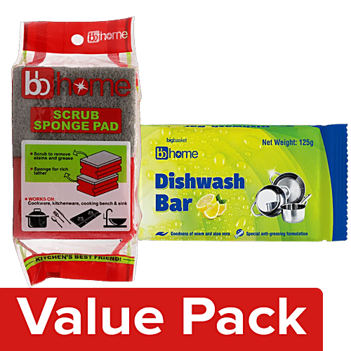BB Home Dishwash Bar-Lemon 125 g Poly pack + Scrub Sponge Pad 2 pcs, Combo 2 Items 
