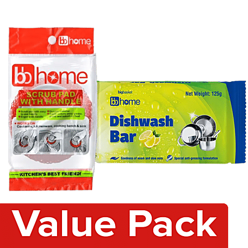 BB Home Dishwash Bar-Lemon 125 g Poly pack + Scrub Pad With Handle 1 pc, Combo 2 Items 