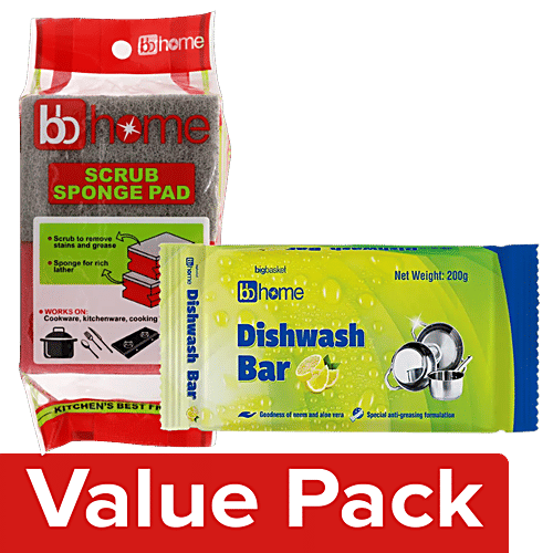 BB Home Dishwash Bar-Lemon 200 g Poly pack + Scrub Sponge Pad 2 pcs, Combo 2 Items 