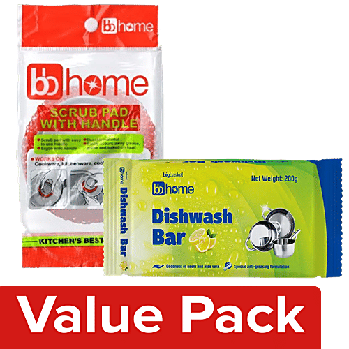 BB Home Dishwash Bar-Lemon 200 g Poly pack + Scrub Pad With Handle 1 pc, Combo 2 Items 