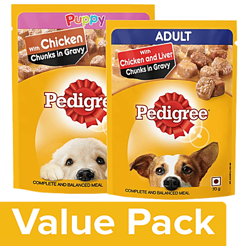 Pedigree Wet Dog Food ChickenChunks In Gravy for Puppy+Liver Chunks AdultDogs(6x70g each), Combo 2 Items 