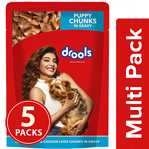 Drools Puppy Wet Dog Food - Real Chicken & Chicken Liver Chunks In Gravy, 5 x 150 g Multipack 