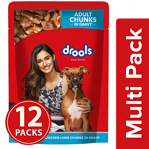 Drools Adult Wet Dog Food - Real Chicken & Chicken Liver Chunks In Gravy, 12 x 150 g Multipack 