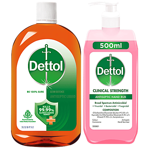 Dettol Antiseptic - Disinfectant Liquid 1 L + Clinical Strength Hand Sanitizer 500 ml, Combo 2 Items 