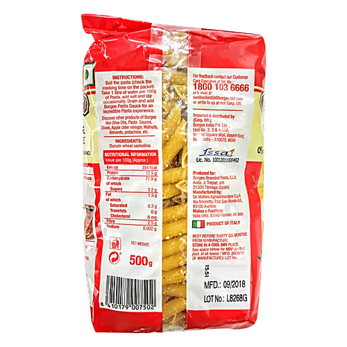 BORGES Durum Wheat Pasta - Fusilli 500 g + Durum Wheat Pasta - Penne Rigate 500 g, Combo 2 Items 