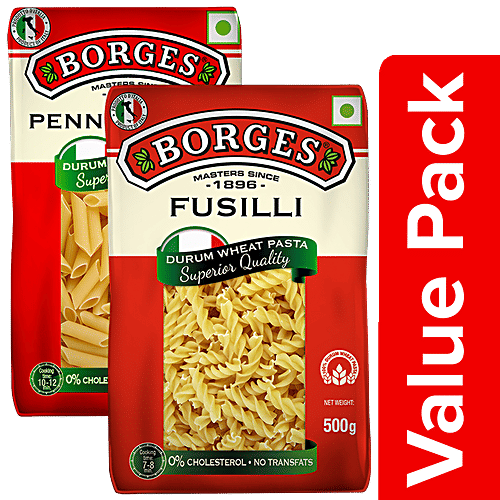 BORGES Durum Wheat Pasta - Fusilli 500 g + Durum Wheat Pasta - Penne Rigate 500 g, Combo 2 Items 