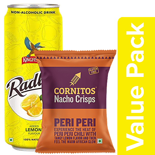 Cornitos Nacho Crisps Peri Peri 60 g + Kingfisher Radler Lemon Non Alcoholic Drink 300 ml, Combo 2 Items 