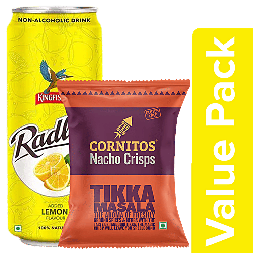 Cornitos Nacho Crisps Tikka Masala 60g + Kingfisher Radler Lemon NonAlcoholic Drink 300ml, Combo 2 Items 