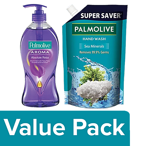 Palmolive Shower Gel- Aroma Absolute Relax 750ml+Sea Minerals Liquid Handwash Refill 750ml, Combo 2 Items 