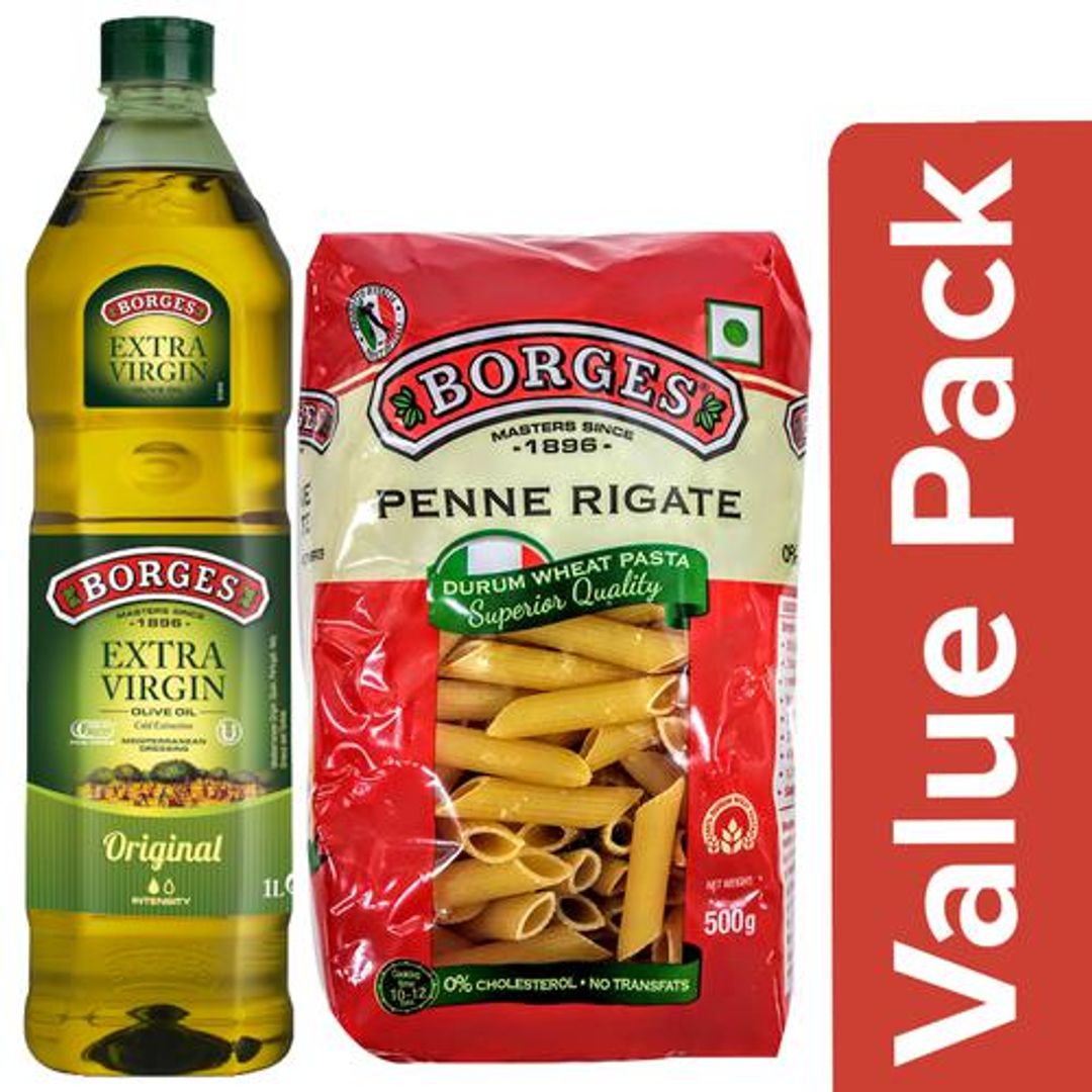 BORGES Extra Virgin Olive Oil 1L Pet Bottle + Durum Wheat Pasta Penne Rigate 500g Pouch, Combo 2 Items