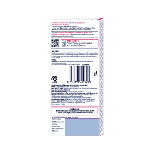 Veet Professional Waxing Strips Kit for Sensitive Skin, 20 Strips Pack of 2 Gel Wax Hair Removal for Women Up to 28 Days of Smoothness No Wax Heater or Wax Beans Required, 20 pc Pack of 2