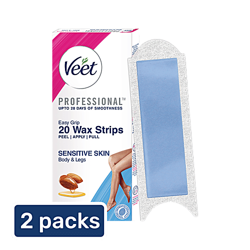 Veet Professional Waxing Strips Kit for Sensitive Skin, 20 Strips Pack of 2 Gel Wax Hair Removal for Women Up to 28 Days of Smoothness No Wax Heater or Wax Beans Required, 20 pc Pack of 2