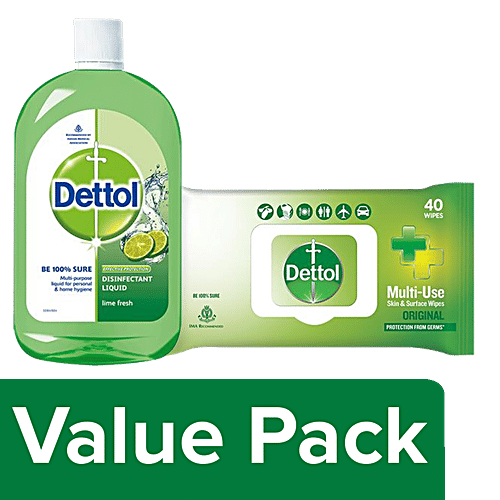 Dettol Disinfectant Skin & Surface Wipes, Original 40 Count + Lime Fresh 500 ml, Combo 2 Items 