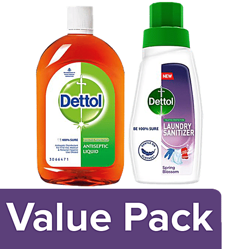 Dettol Antiseptic Liquid 1 L + Laundry Sanitizer- Spring Blossom 480 ml, Combo 2 Items 