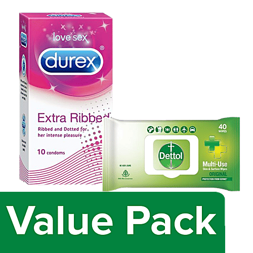 bb Combo Durex Extra Ribbed Condoms 10 pcs + Dettol Skin & Surface Wipes, Original 40 pcs, Combo 2 Items