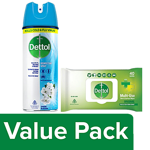 Dettol Disinfectant- Spray, Spring Blossom 225ml + Skin & Surface Wipes, Original 40pcs, Combo 2 Items 