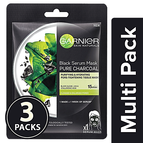 Garnier Skin Naturals Charcoal  Face Serum Sheet Mask - Black, 3x28 g Multipack 