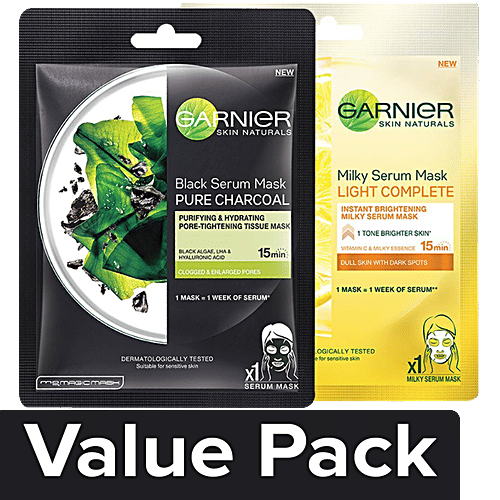 Garnier Skin Natural Serum sheetmask (2 Light complete + Charcoal), Combo 2 Items 