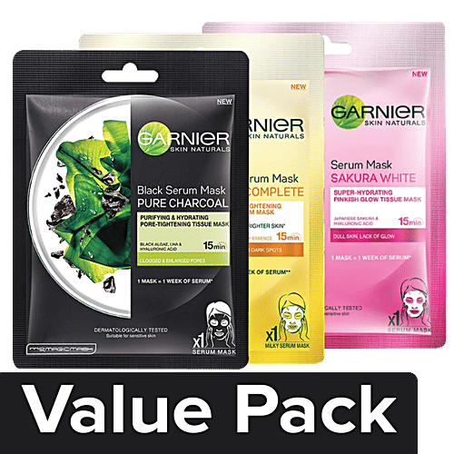 Garnier Skin Natural Serum sheetmask (Sakura white + Light complete +Charcoal), Combo 3 Items 