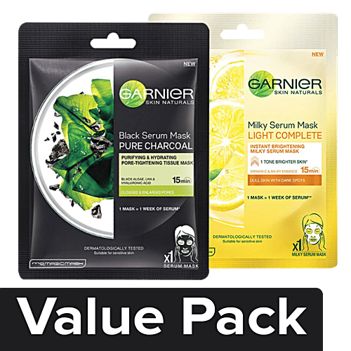 Garnier Skin Natural Serum sheetmask (Light complete +2 Charcoal), Combo 2 Items 
