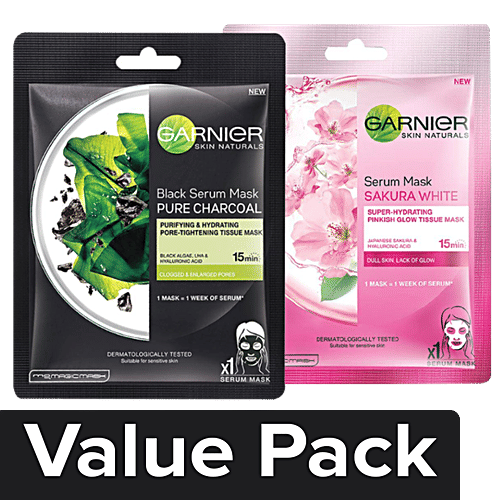 Garnier Skin Natural Serum sheetmask (2 Sakura white + Charcoal), Combo 2 Items 