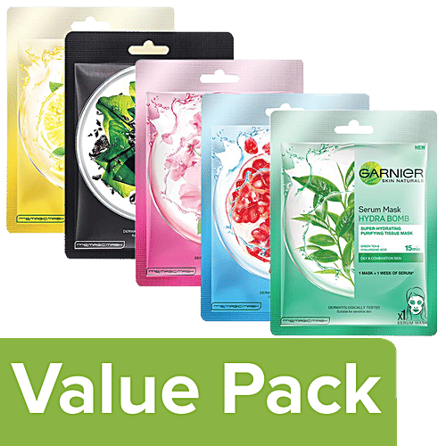 Garnier Serum Sheet Mask (2 Light complete+Sakura white+Charcoal+Hydra Bomb+GreenTea), Combo 5 Items 