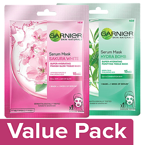Garnier Skin Natural Serum sheetmask (3 Sakura white +3 Green Tea), Combo 2 Items 