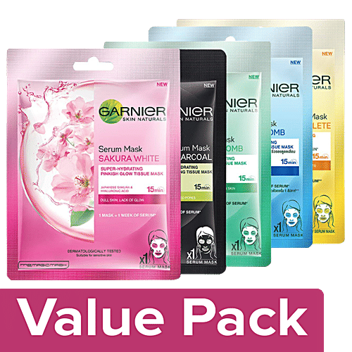 Garnier Sheet Mask (2 Light complete+2 Sakura white+2 Charcoal+2 Hydra Bomb+2 GreenTea), Combo 5 Items 
