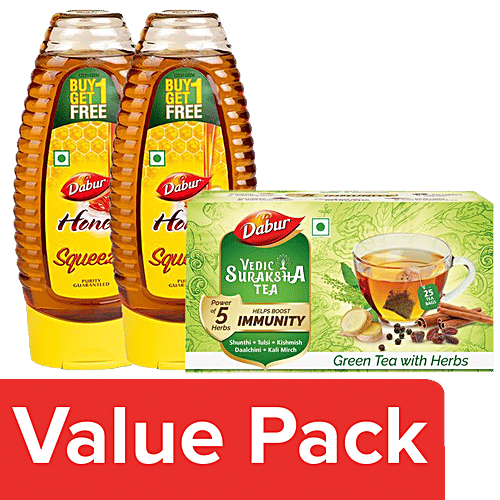 Dabur Honey-100% Pure, 400 g (Buy 1 Get 1 Free) + Vedic Suraksha Green Tea,25 Tea Bags, Combo 2 Items 